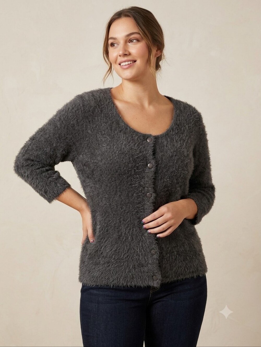 New York & Company Fuzzy Eyelash Knit Cardigan XL Charcoal Gray Soft Stretch